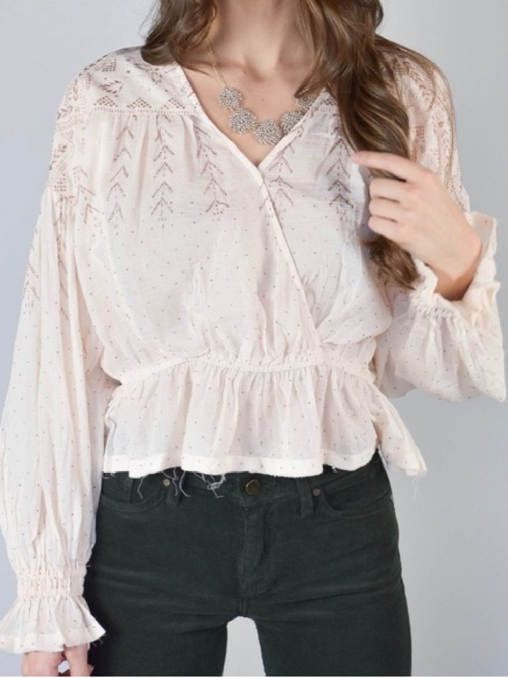 Free People Counting Stars Blouse S Snowy Sand Long Sleeves Peplum Hem Womens